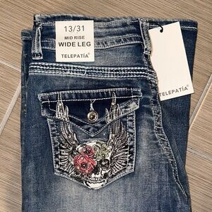 Telepatía Mid Rise Wide Leg Skulls Women’s Junior’s Jeans Size 13/31